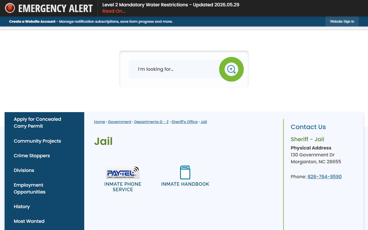 Burke County Jail page for inmate population contact records