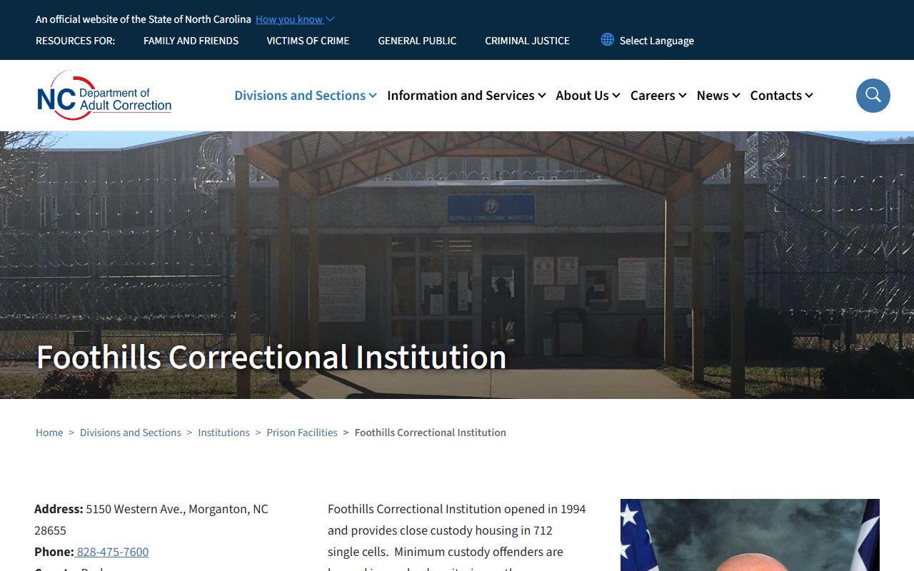 Foothills Correctional Institution state inmate population lookup page