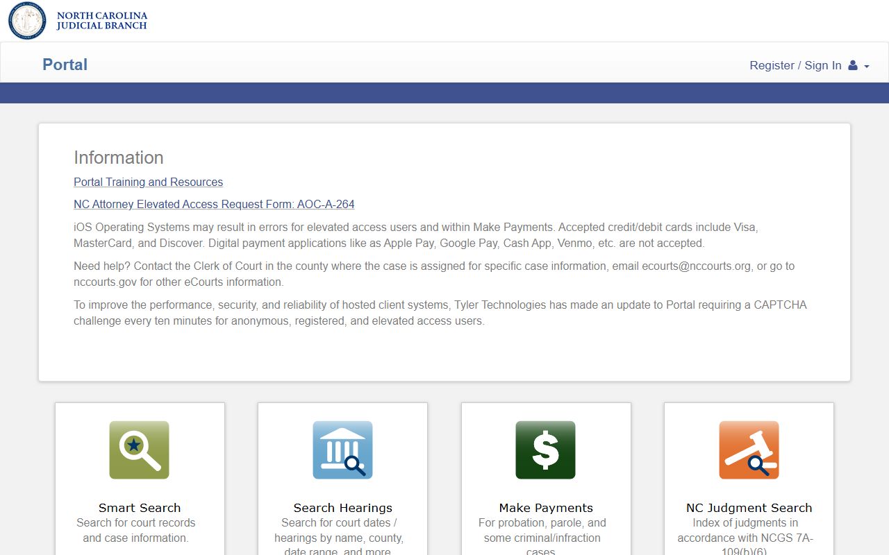 North Carolina eCourts Portal with Smart Search, hearings, payments, and judgment search options